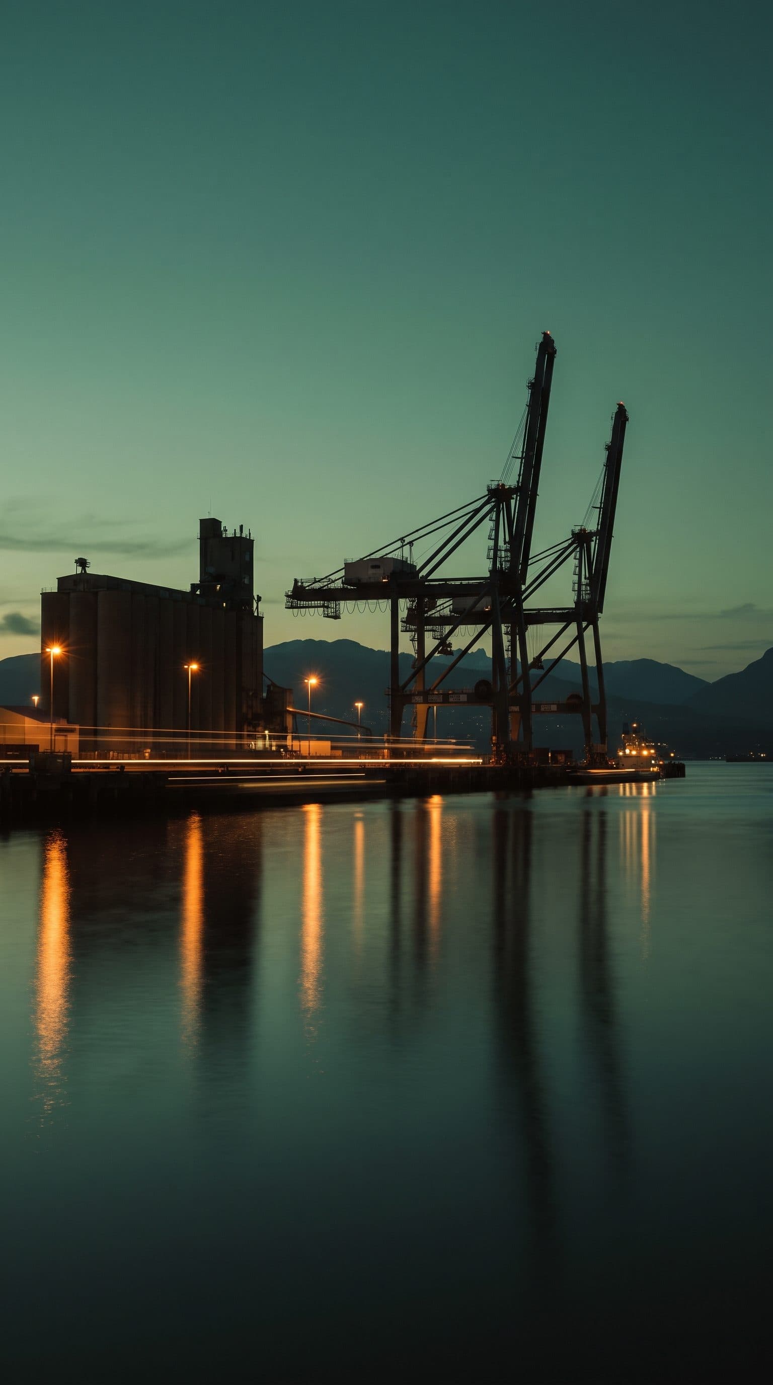 A working Canadian harbour at dusk, grain terminal and loading cranes in silhouette, quay lights carried on still water